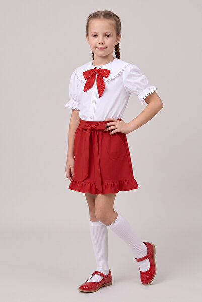 FATELLA Girl's Red Scarf Polka Dot Doll Collar White Short Sleeve Shirt Red B...