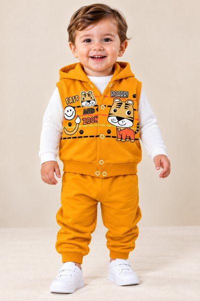 HELMİRA Baby Boy 3-Piece Set Printed Hooded Vest & Sweatshirt and Pants