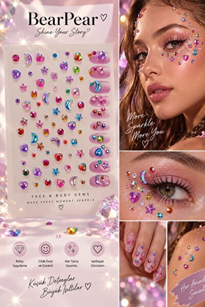BearPear Renkli Yüz ve Vücut Taşları – Mermaid & Yıldız Temalı Dekoratif Face Gems Seti
