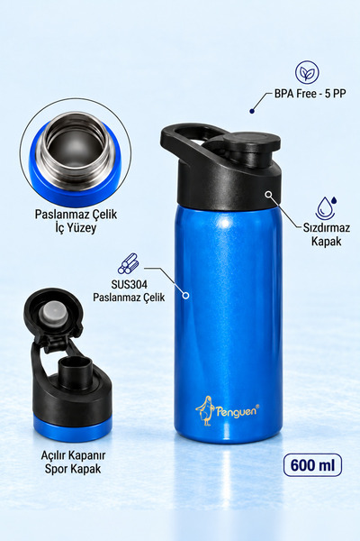 Penguen 600 ml Sporcu Su Matarası Çelik Suluk SUS304 Paslanmaz Çelik Sızdırma...