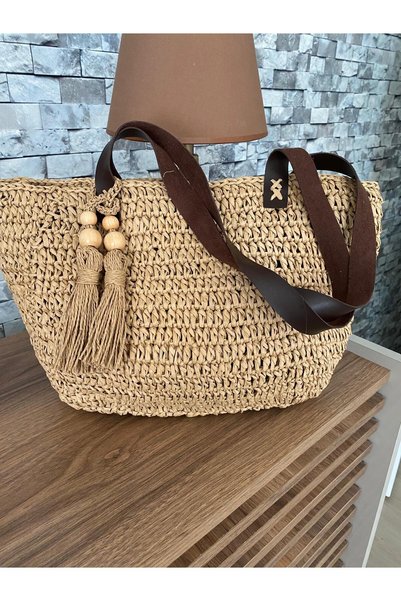 Generic Brand Women's Hand-Knitted Lined Raffia Rope Straw Bag