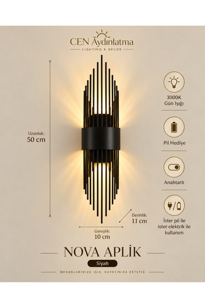 ZEYNEP RANA CEN Aydınlatma Pilli Duvar Apliği Nova 50 cm – Pilli ve Elektrikl...