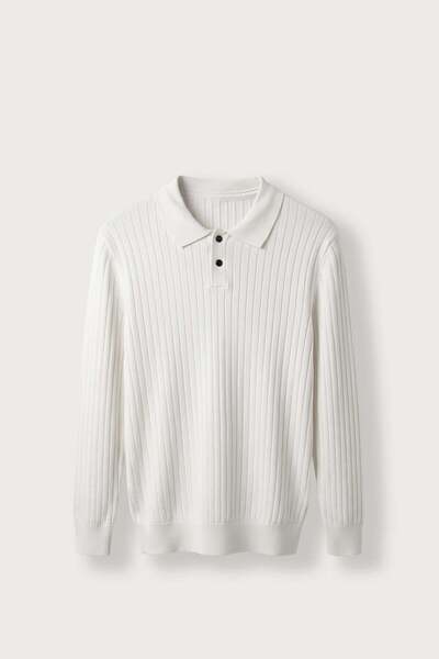 ablukaonline Men's Slim Fit Ribbed Buttoned Polo Collar Knit Sweater Ecru