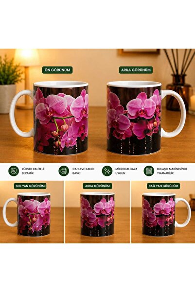 Orkide Desenli Kişiye Özel Porselen Kupa Bardak - 300 ml