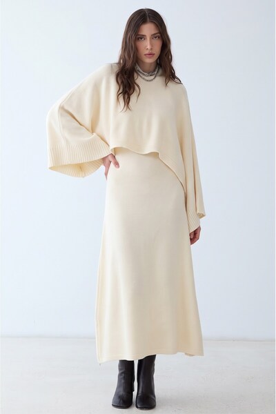 Olcay Cape Dress Combination Knitwear Double Set Cream 9488-Tk