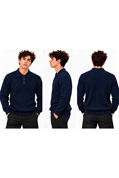 ribana Men's Polo Collar Long Sleeve Standard Fit Fit Sweater 27001