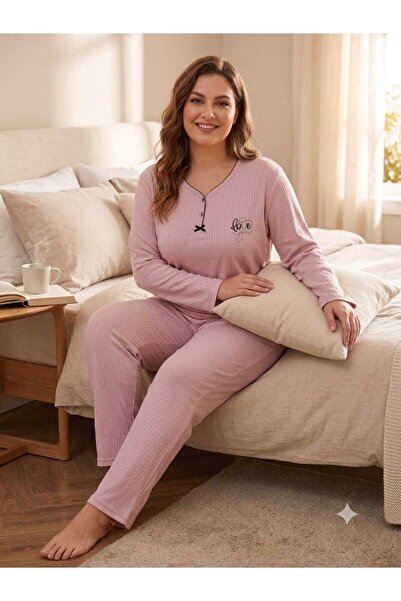 Asel Büyük Beden Uzun Kol Pamuklu Likralı İnterlok Kumaş Pijama Takımı