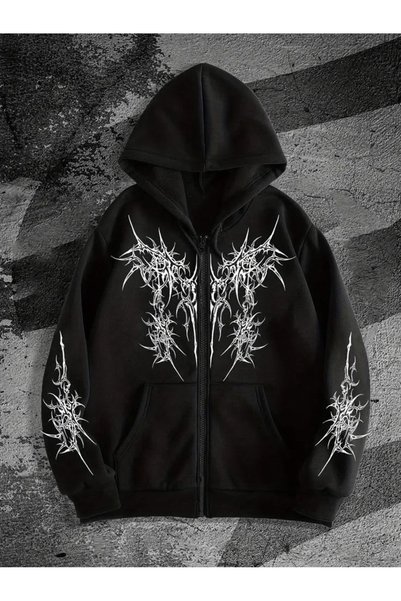 Çocuk 3 İplik Grafik Baskılı Fermuarlı Hoodie – Kapüşonlu Cepli Sweatshirt