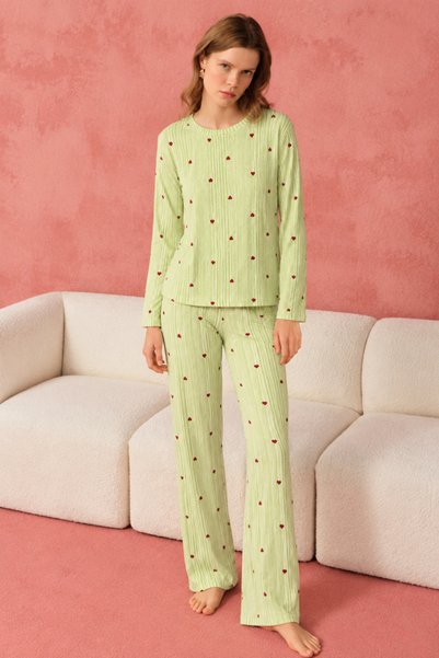 Mindy Women's Patterned Long Sleeve Comfortable Home Style Green Pajama Set