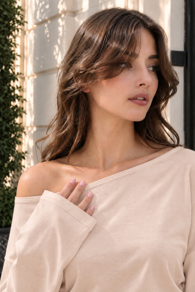 COMBİNE MİCHAİL Women's Draped Boat Neck Casual Beige Blouse