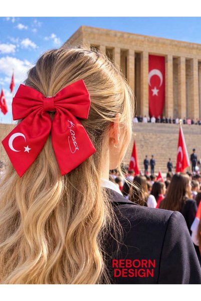 REBORN DESIGN Bow Figured Crescent Star and Atatürk Signature Printed Red Col...
