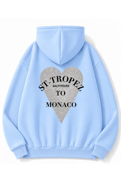 MOONBULL Kadın St-Tropez Monaco Simli Kalp Baskı Kapüşonlu Sweatshirt