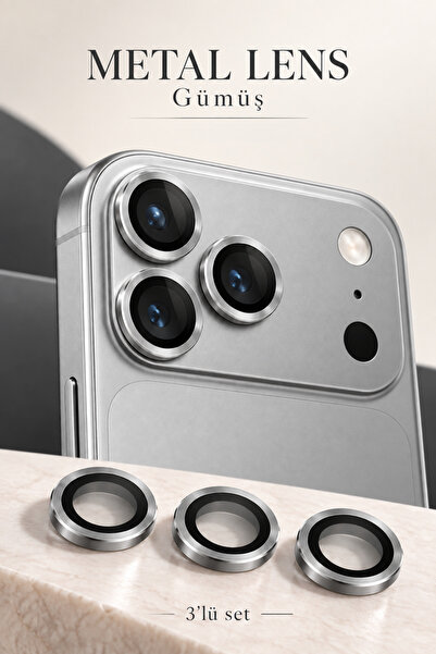 Evax [Metal] iPhone 18 Pro Max / 18 Pro Uyumlu Gümüş Metal Çerçeveli Cam Kame...