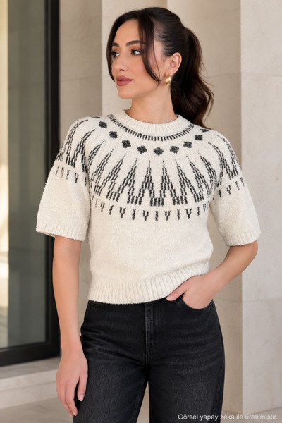 Polo State Women's Jacquard Patterned Short Sleeve Crew Neck Knitwear Sweater...