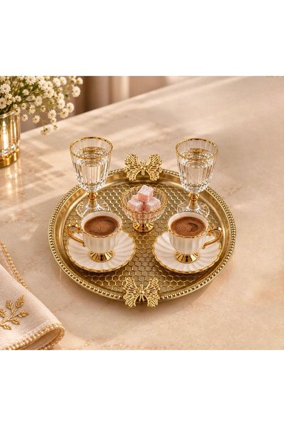 ZÜRİH COLLECTİON Kelebek Detaylı Gold Sunum Tepsisi 1 ADET Söz Nişan Kahve Ça...