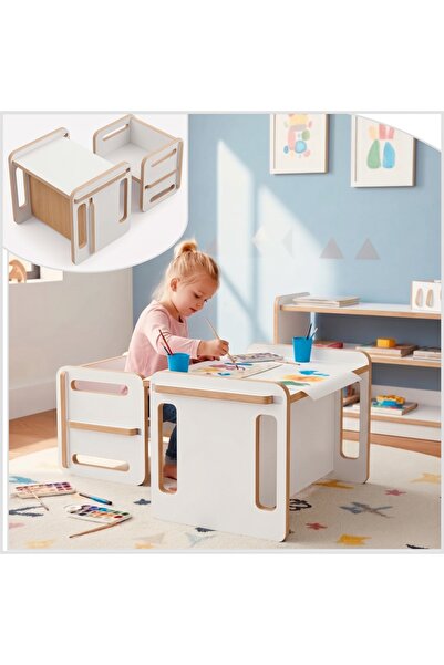 Montessori Ahşap Çocuk Masa Sandalye Takımı - Aktivite Çalışma Çizim ve Oyun Masası Takımı - Beyaz Ahşap Eğitici Masa Sandalye