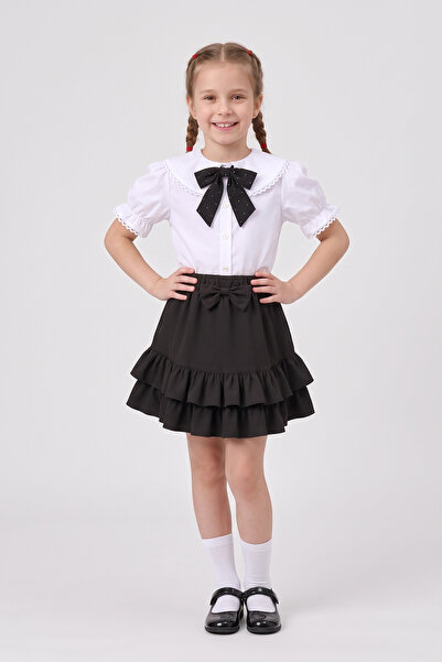 nacar çarşı Girl's Black Scarf, Polka Dot Baby Collar, White Short Sleeve Shi...