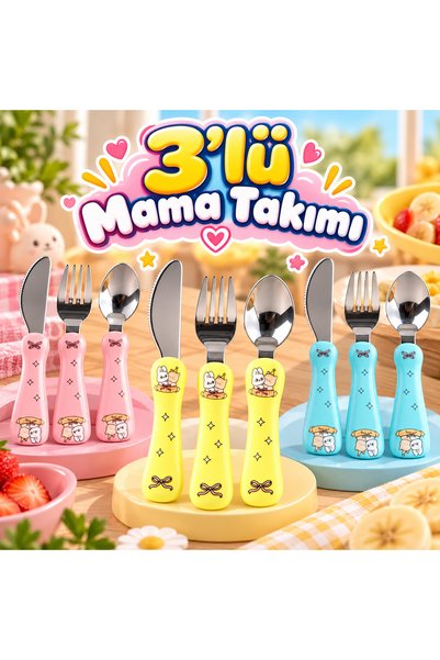Tasarım Evi Sevimli Hayvan Figürlü 3'lü Çocuk Çatal Kaşık Bıçak Seti - Paslanmaz Çelik Eğlenceli Mama Takımı