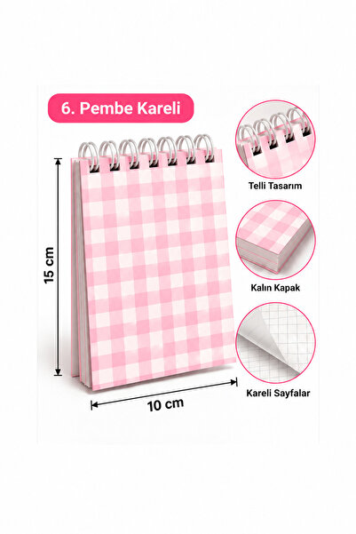 Pembe Kareli Kalp Modeli 15 × 10 cm Spiralli Bloknot 40 Yaprak - 80 Sayfa