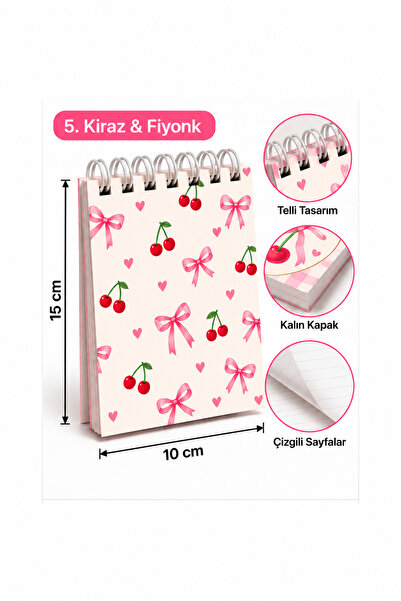 Kiraz & Fiyonk Modeli-15 × 10 cm Spiralli Bloknot 40 Yaprak - 80 Sayfa