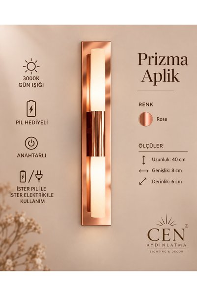 ZEYNEP RANA CEN Aydınlatma Prizma Pilli Duvar Apliği 40 cm – Elektrikli Kulla...