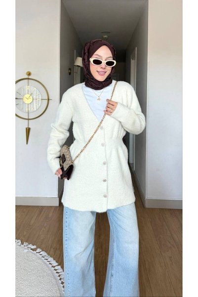 Nes Moda Pulover cardigan din tricotaj cu nasturi, cu talie elastică, din angora, pentru femei