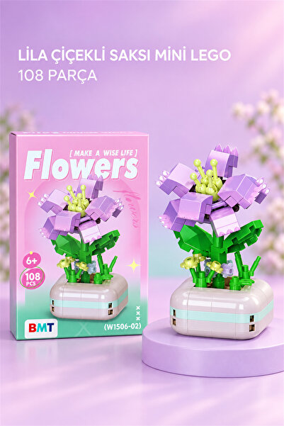 Lila Zambak Çiçeği Saksı Modeli Brıcks 3D Mini Blok Yapı Oyuncağı - 108 Parça