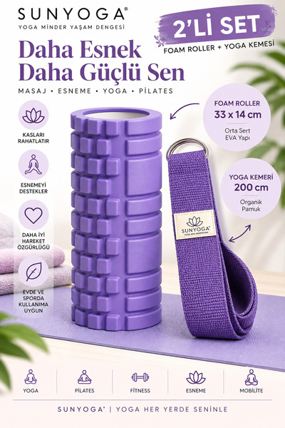 SUNYOGA Foam Roller ve Yoga Kemeri Seti Orta Sert EVA Masaj Rulosu 33x14 cm 2...