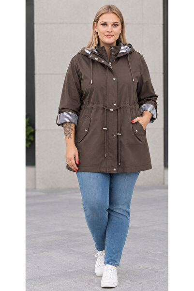 Era Lisa Plus Size Women's Hooded Trench Coat with Drawstring Waist Detail
