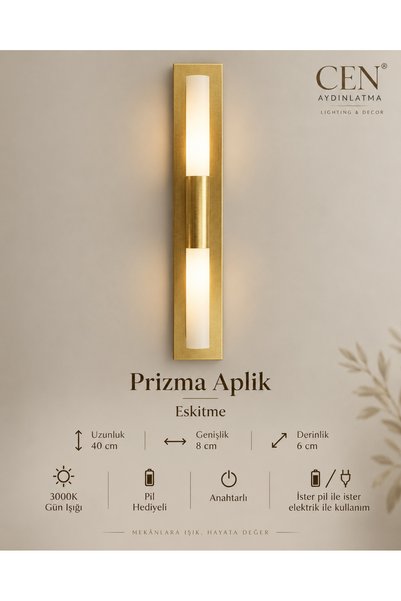 ZEYNEP RANA CEN Aydınlatma Prizma Pilli Duvar Apliği 40 cm – Elektrikli Kulla...