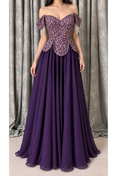ELORA FASHION فستان سهرة بنفسجي طويل بصدر مرصّع وأكمام منسدلة مزيّنة بشراشيب ...