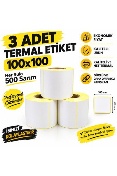 3 ADET 100X100 / 500 SARIM TERMAL ETİKET
