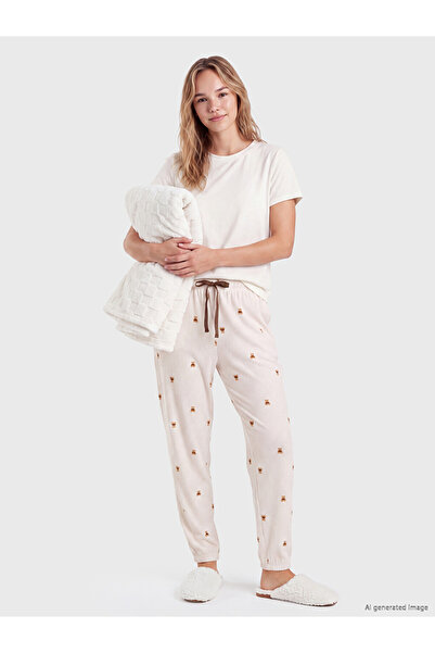 LC Waikiki Özmarka New Season Ecru Patterned Women's Jogger Pajama Bottoms wi...