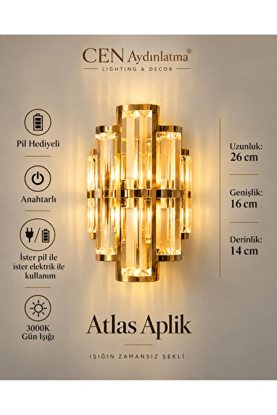 ZEYNEP RANA CEN Aydınlatma Atlas Pilli Duvar Apliği 26 cm – Elektrikli Kullan...