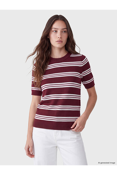 LC Waikiki Ozmarka New Season Burgundy Crew Neck Striped Women's Knitwear Swe...
