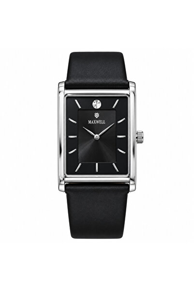 Maxwell Men's Rectangular Silver-Tone Watch with Black Dial and Black Strap