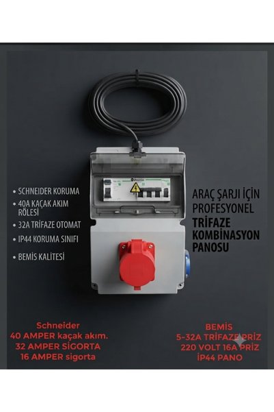 DC-ELEKTRO Hes Kablolu 5x6 Ttr Bakır (35 Metre) Araç Şarjı Uyumlu 5-32A Trifaze Kombinasyon Panosu Kaçak Akımlı (Kablolu-Sigortalı- Prizli ve Montajlı)