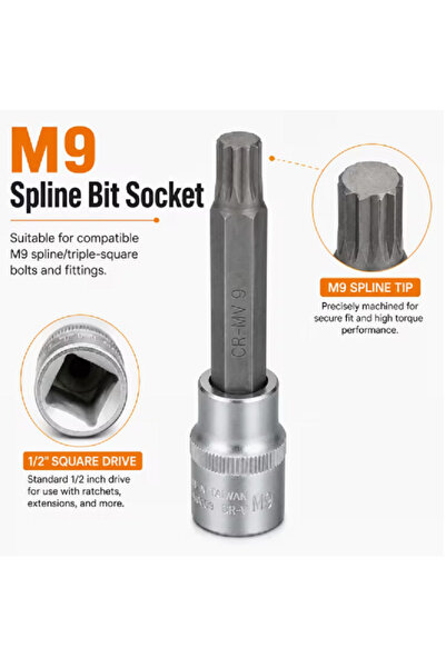 Generic Brand M9 Spline Bit Socket 1/2 Inch Drive, 4 Inch Long CR-V Metal Tri...
