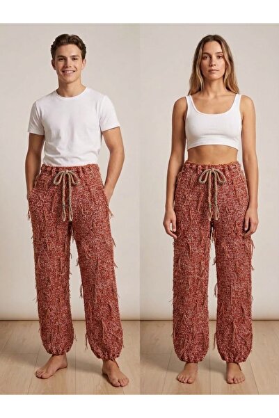 Vintage Retro Tasarım Kiremit Rengi El Örgüsü Püsküllü Bağcıklı Unisex Pantolon – S/M