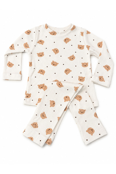 eymwes Kız Erkek Bebek Çocuk Ayıcık Desenli Kaşkorse Uzun Kollu Pijama Takımı Alt Üst 2’li Takım
