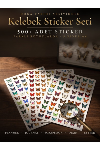dekorif Kelebek Sticker Seti 500+ Adet Farklı Boyutlarda Vintage Ajanda Defte...