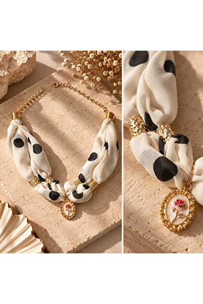 Bukiro Women's Fabric Scarf Necklace Twist Shawl Necklace Gold Metal Chain Locket Evil Eye Colorful Figured Design Polka Dot Necklace