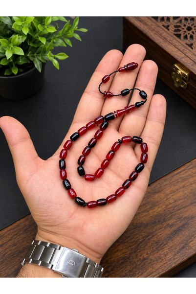 tesbihciniz Capsule Cut Varied Red Black Fire Amber Prayer Beads - Special Ri...