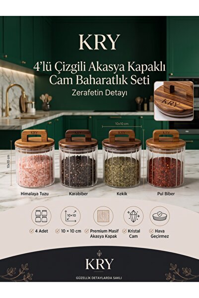 KRY 4'lü YUVARLAK Akasya Ahşap Kapaklı Çizgili Cam Baharatlık Seti 10x10 cm -...