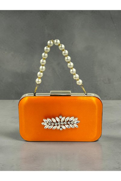 Biçanta Orange Satin Silver Metal Detailed Crystal Stone Embroidered Chain Strap Women's Evening Dress Bag Wedding Engagement Graduation