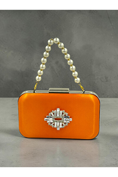 Biçanta Orange Satin Silver Metal Detailed Crystal Stone Embroidered Chain Strap Women's Evening Dress Bag Wedding Engagement Graduation