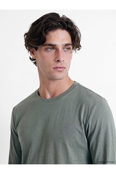 LC Waikiki Vizyon New Season Green Crew Neck Long Sleeve Men's T-Shirt
