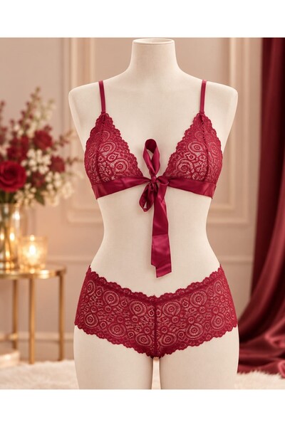 MADALİNA Women's Burgundy Front Clip Lace Stylish Bra Panties Set