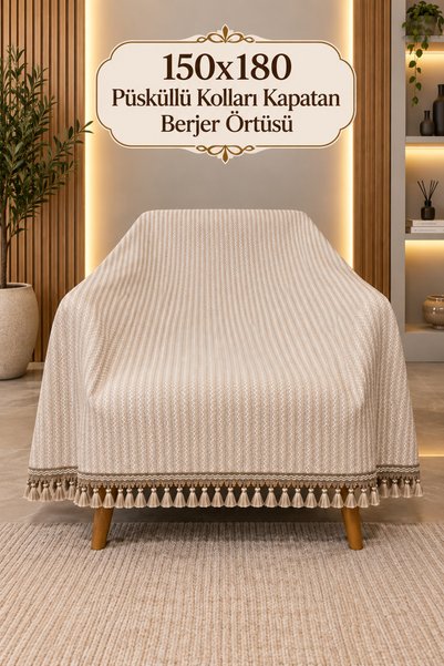 Rain Home Collection Bej 150x180 Püsküllü Kolları Kapatan Berjer Örtüsü