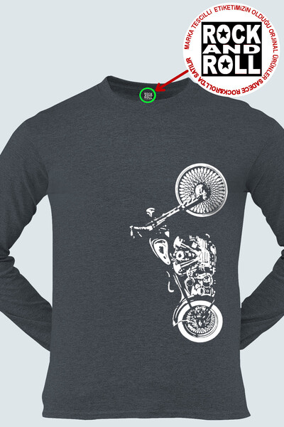 ROCKANDROLL Dikey Motosiklet Antrasit Bisiklet Yaka Uzun Kollu Penye Erkek T-shirt